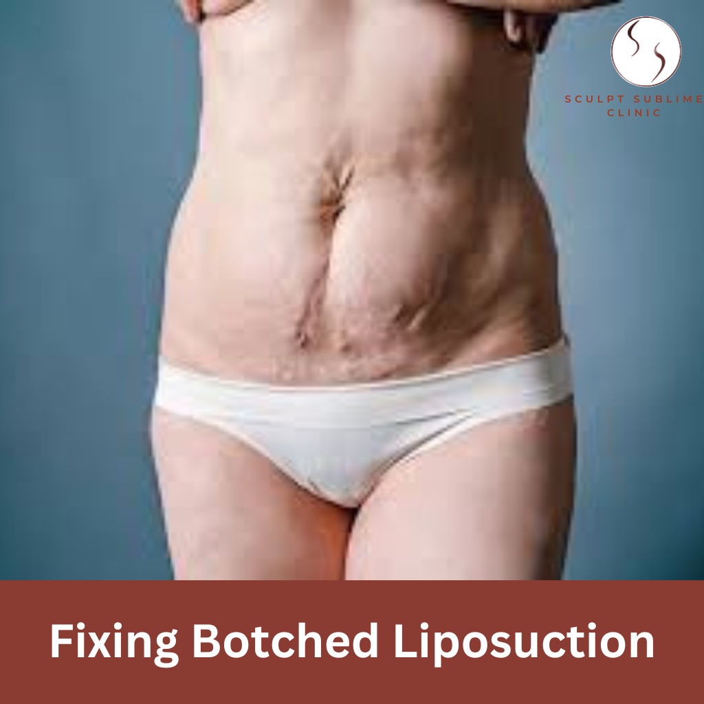 A person showing uneven skin and irregular contours on the abdomen after a botched liposuction procedure.