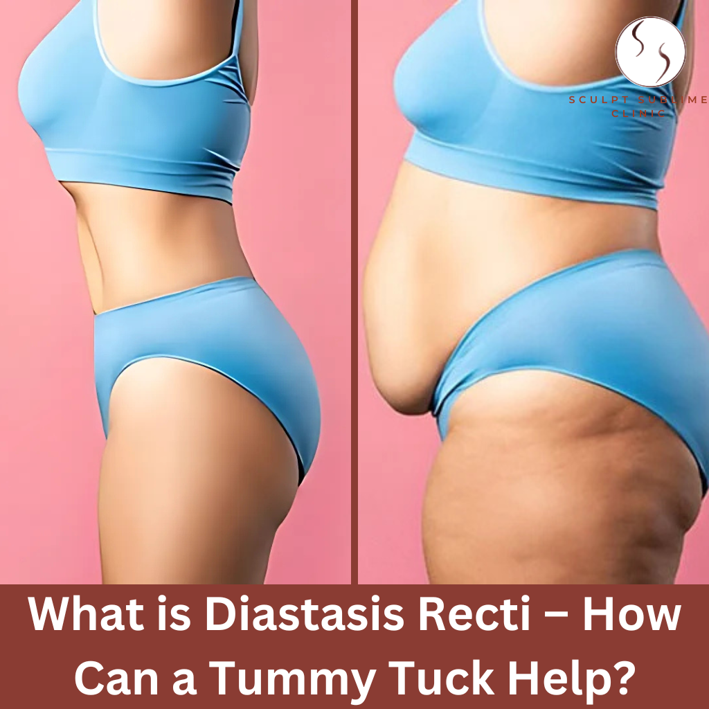 Before and after comparison of a woman with diastasis recti, showing improved abdominal tone after a tummy tuck surgery at Sculpt Sublime Clinic.