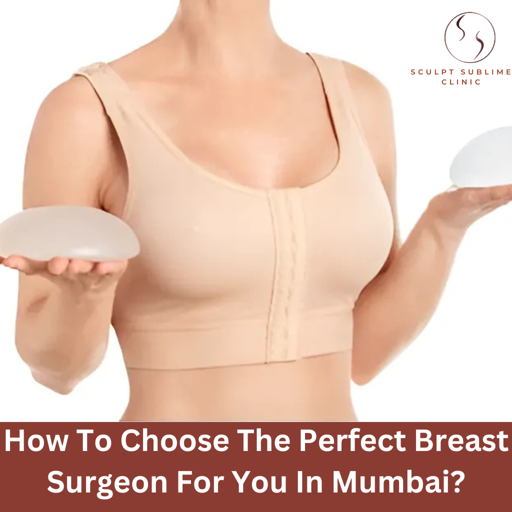 Woman holding breast implants wearing a post-surgery bra.