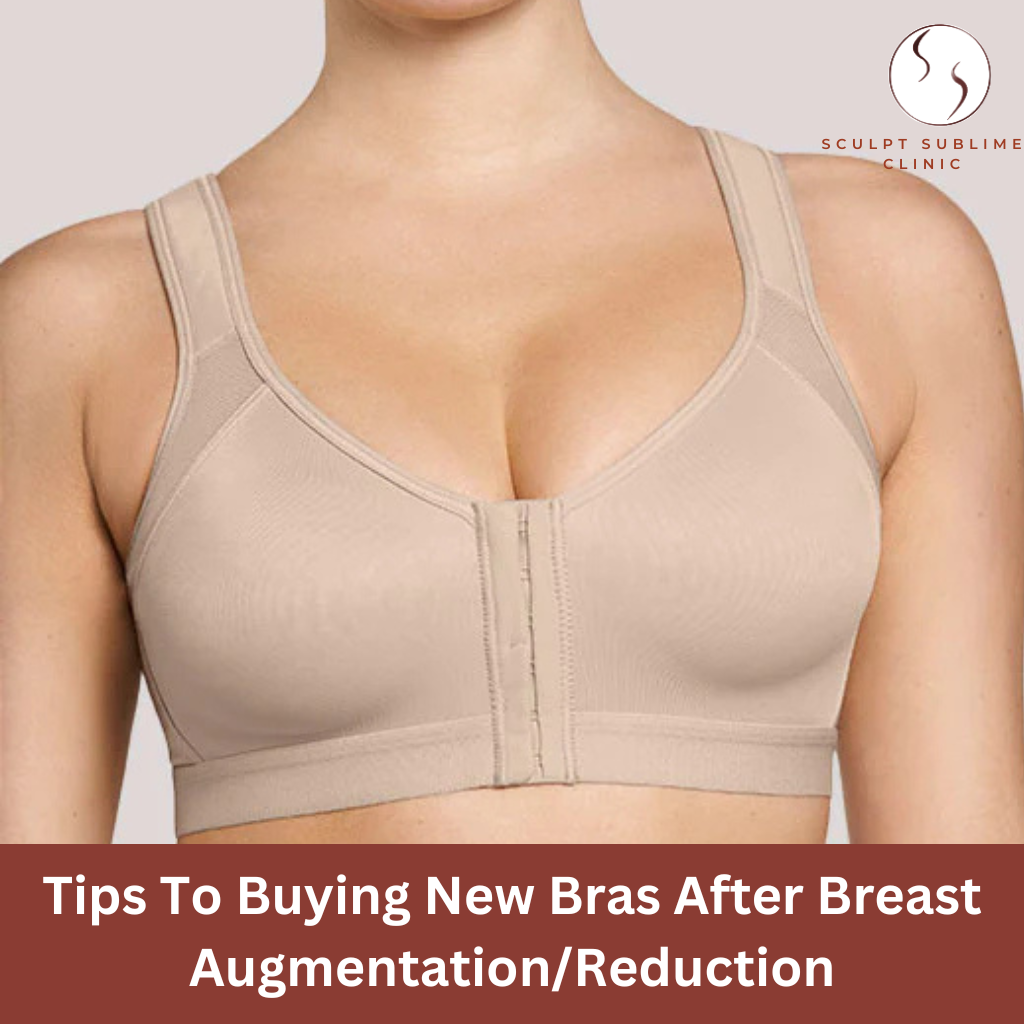 Woman wearing a supportive bra after breast augmentation or reduction.