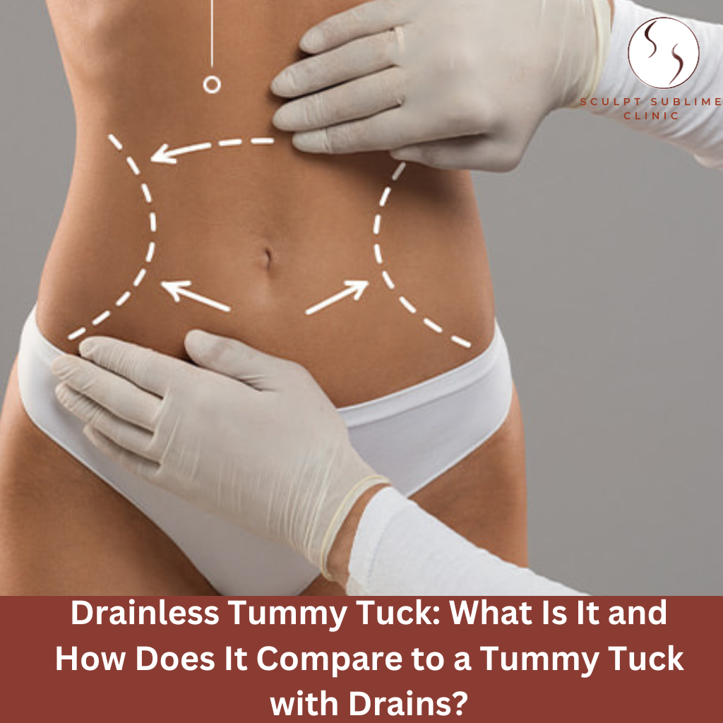 Surgeon marking a woman's abdomen for a drainless tummy tuck procedure.