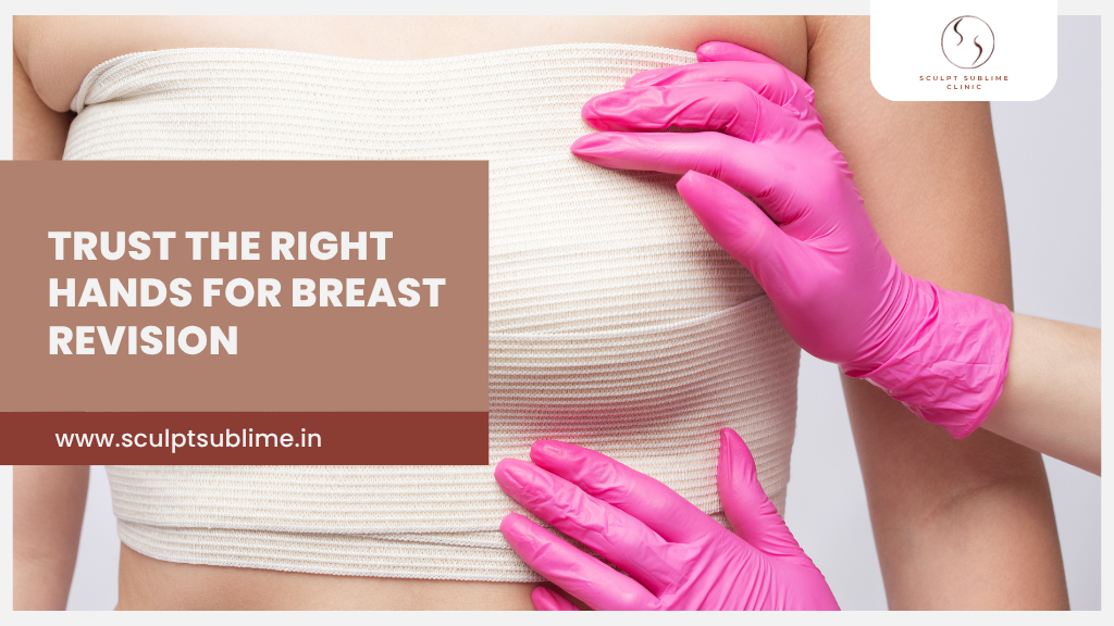 A close-up of a woman's chest with a professional wearing pink gloves, symbolizing care and expertise in breast revision surgery.