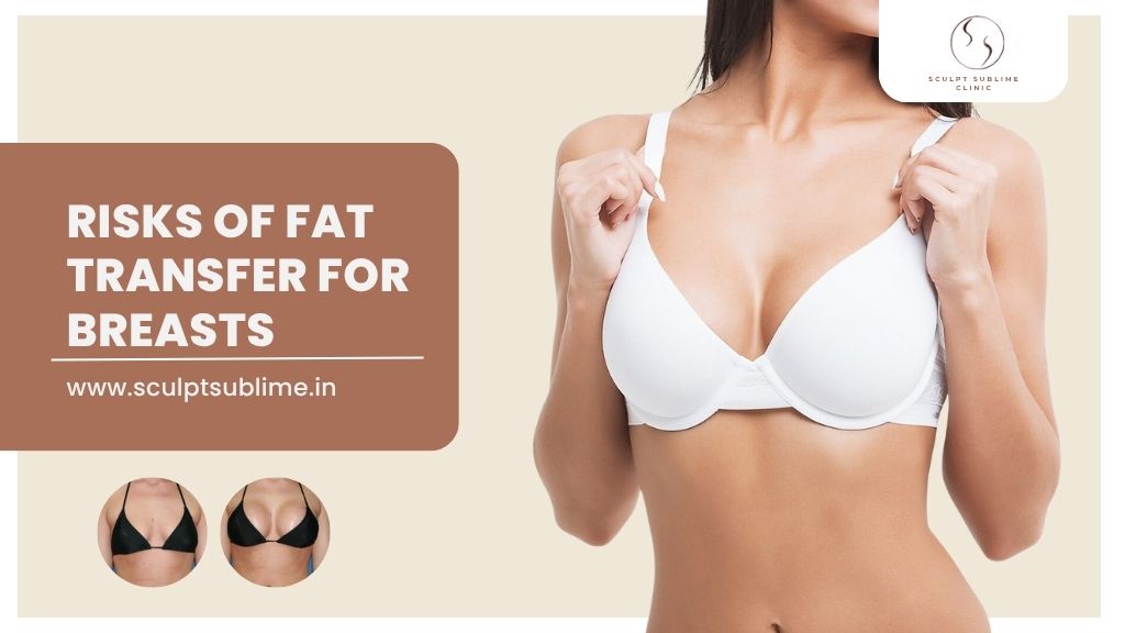Risks of fat transfer for breasts with a woman in a white bra and Sculpt Sublime Clinic logo.