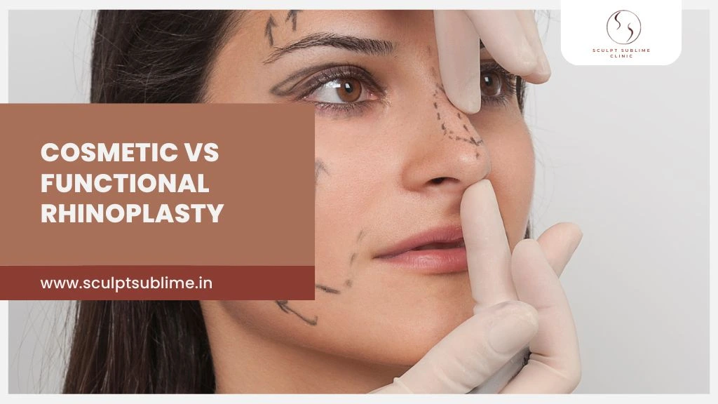 Close-up of a woman undergoing rhinoplasty consultation with surgical markings on her face – Cosmetic vs Functional Rhinoplasty.