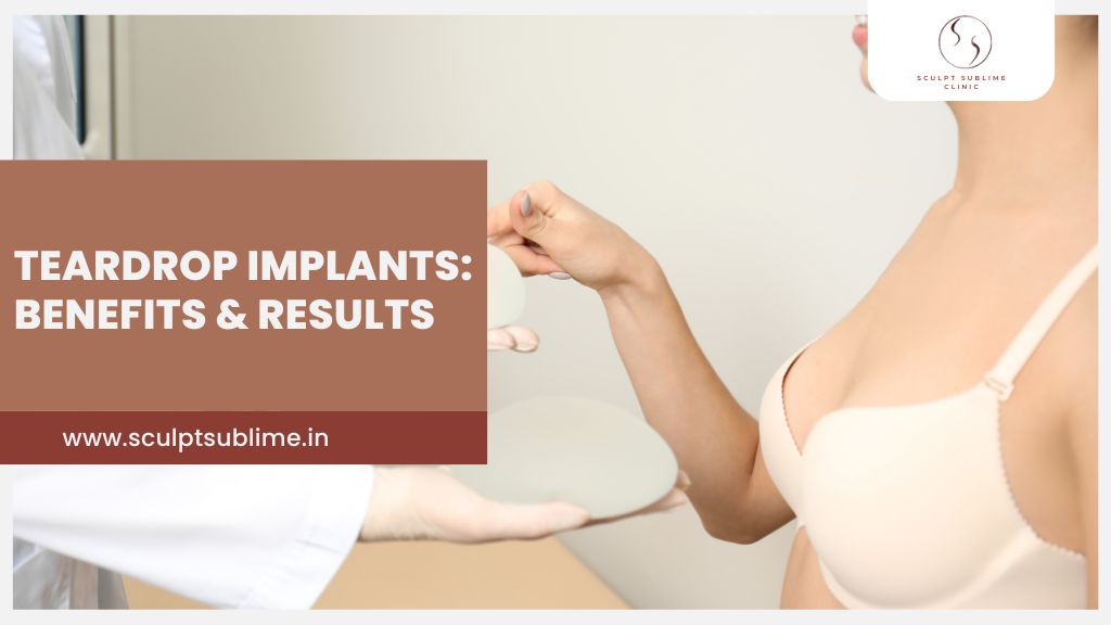 A woman consulting with a cosmetic surgeon about teardrop breast implants, examining the implant shape for a natural enhancement result.