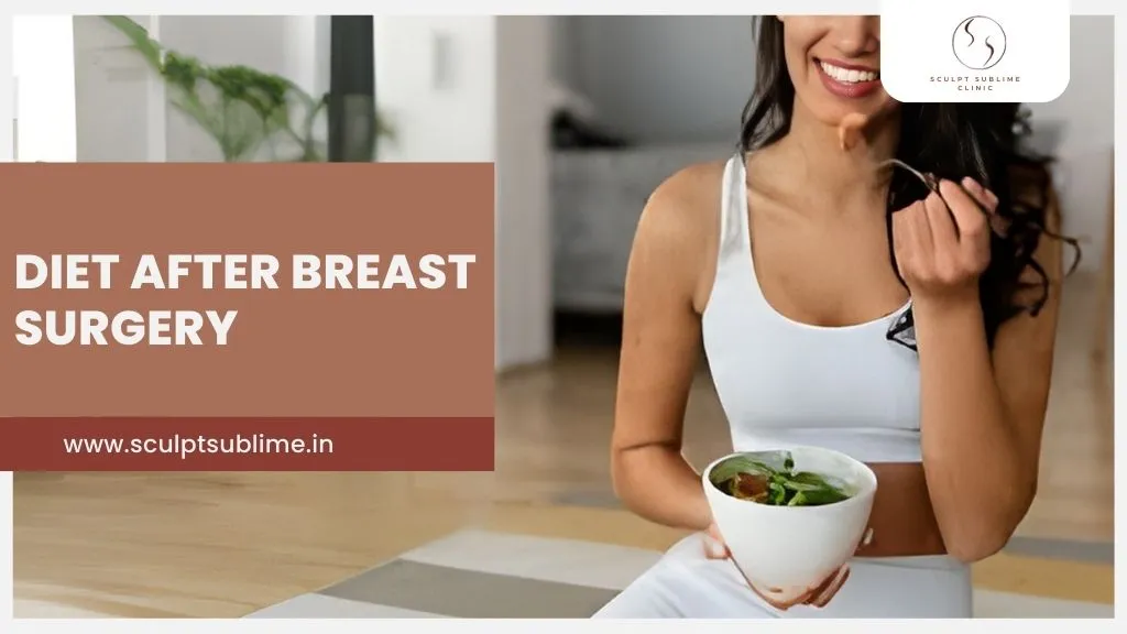 Woman in a white sports outfit eating a healthy bowl of salad, featured beside text about diet after breast surgery.