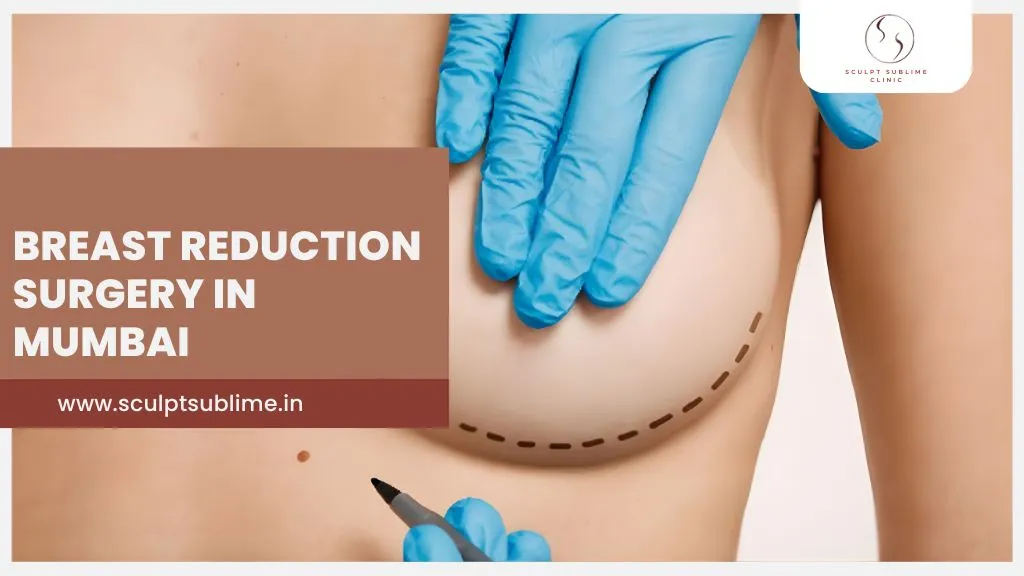 Gloved surgeon marking incision lines on a patient’s chest for breast reduction surgery, with text reading “Breast Reduction Surgery in Mumbai.”