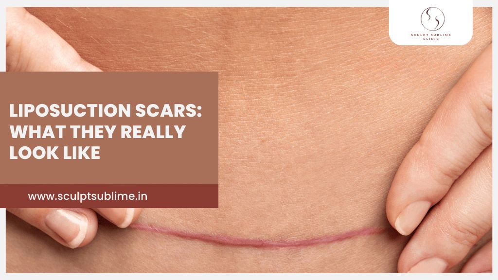 Close-up of liposuction scar on abdomen showing typical post-surgery healing appearance