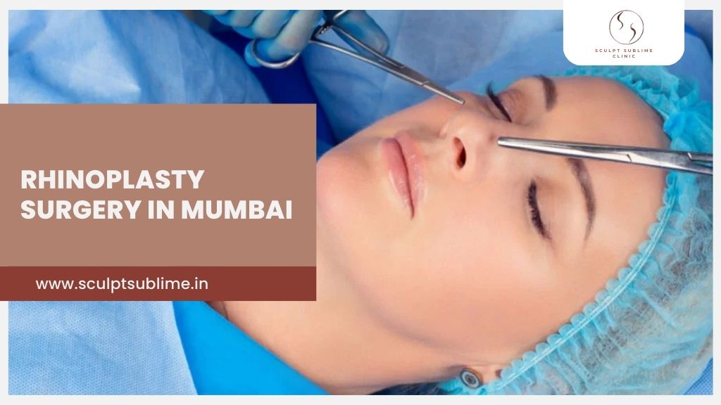 Patient undergoing rhinoplasty surgery with surgical instruments in a sterile operating room setting.