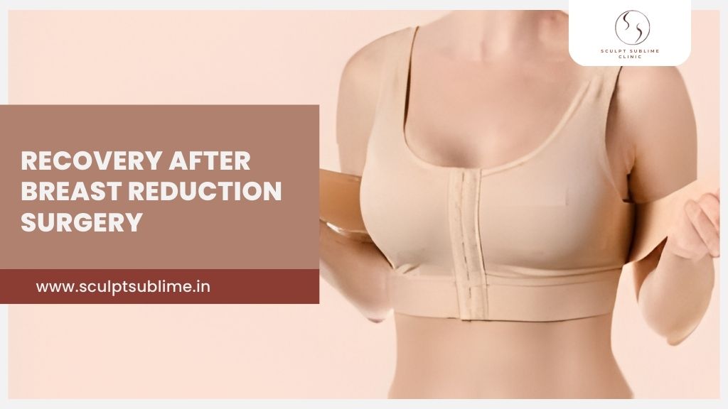 Woman wearing a medical compression bra during recovery after breast reduction surgery.