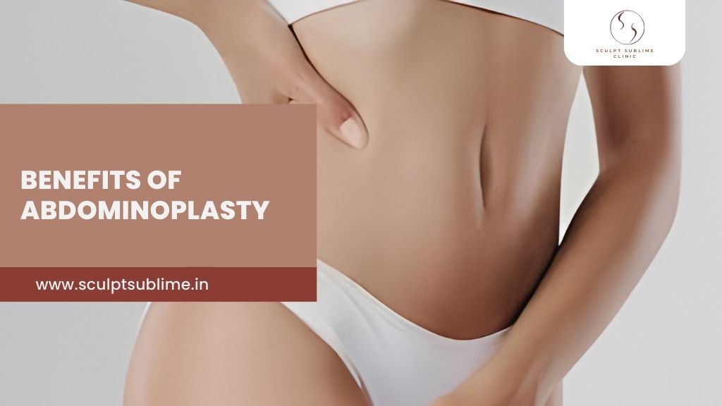 Woman showing a flat, toned abdomen after abdominoplasty surgery highlighting body contouring results.