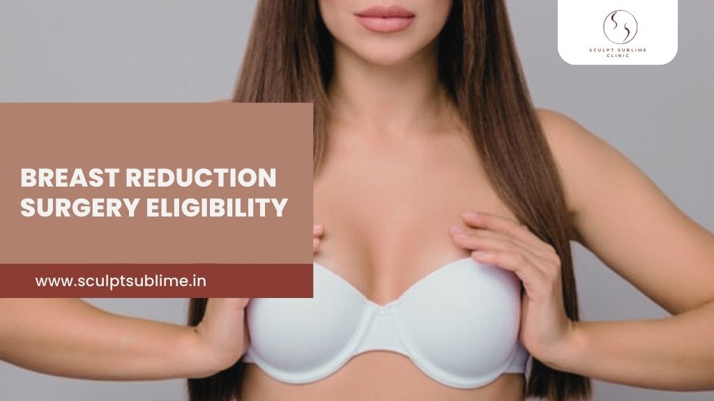 Woman wearing a bra demonstrating breast size concerns related to breast reduction surgery eligibility.
