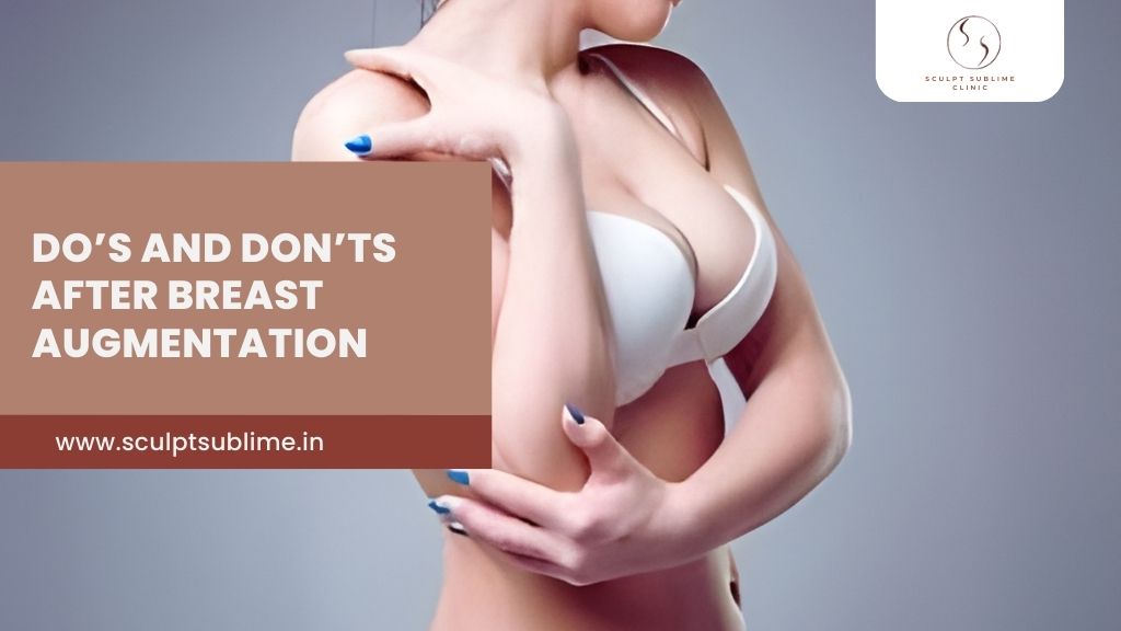 Woman wearing a supportive bra illustrating post-operative care guidelines after breast augmentation surgery.