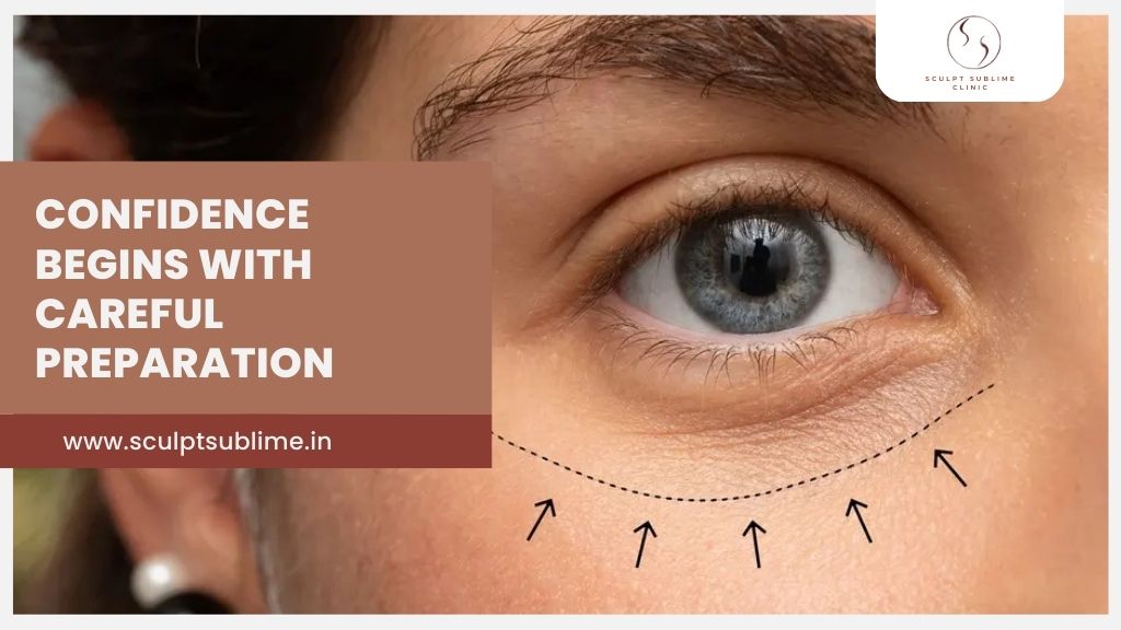 Close-up of eye with surgical marking under the lower eyelid indicating preparation for blepharoplasty treatment.