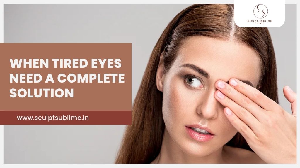 Woman covering one eye representing concerns like tired eyes and under-eye issues requiring advanced treatment.