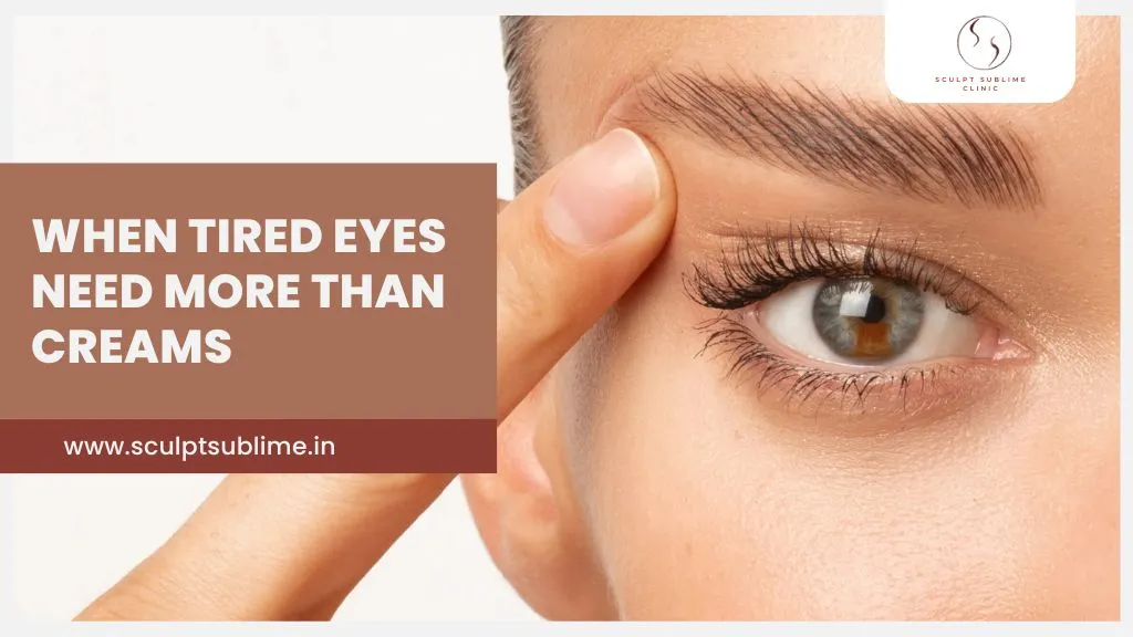 Close-up of a woman’s eye highlighting concerns like under-eye bags and tired eyes that may require advanced cosmetic treatment.