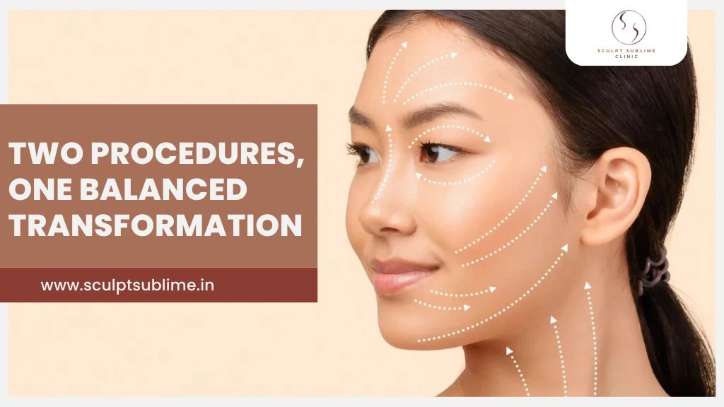 Woman with facial contour markings illustrating combined aesthetic procedures for balanced facial rejuvenation.