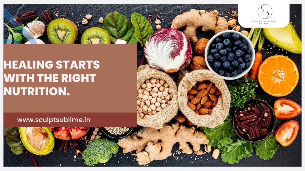 Healthy foods including fruits, nuts, and vegetables recommended after breast reduction surgery for faster healing