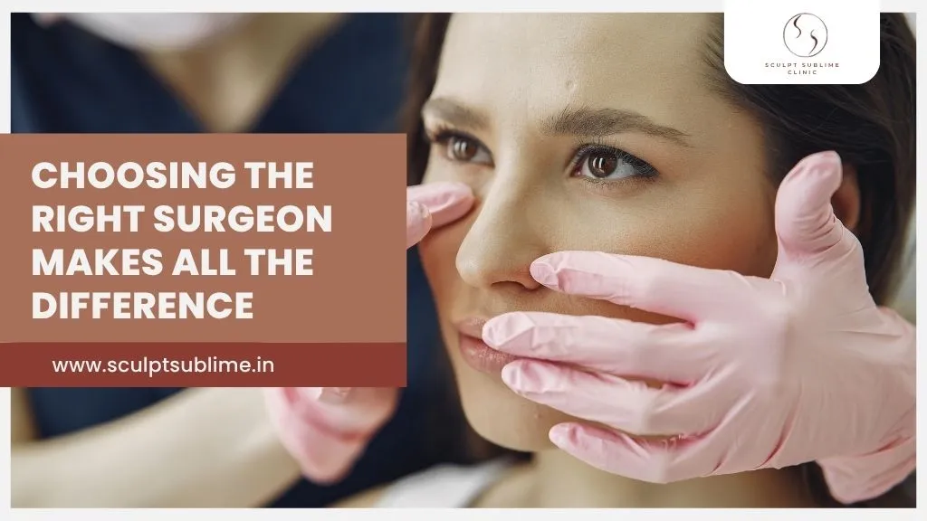 Plastic surgeon examining a woman’s face during consultation for cosmetic surgery.