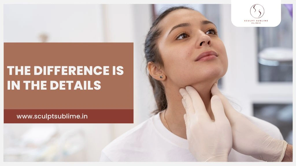 Cosmetic specialist examining a woman’s neck and jawline during aesthetic consultation.