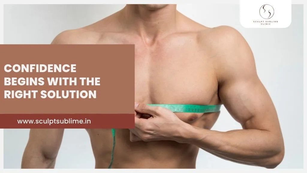 Male measuring chest with tape indicating gynecomastia treatment and male breast reduction surgery