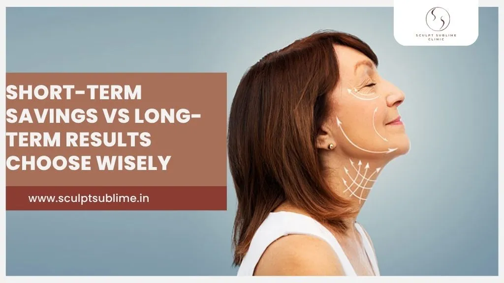 Side profile of woman with facelift markings comparing mini facelift vs full facelift results